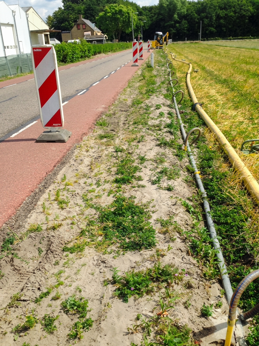 Kabels en buizen langs een fietspad bij een weg